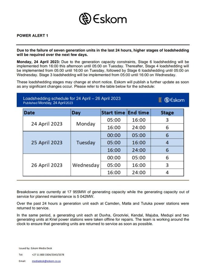 Eskom to implement Stage 6 blackouts from 4pm